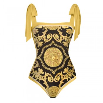 Retro Black Gold Color Matching Printed One-piece Swimsuit Sexy Beach Swimwear Fashion Strap Cover-up Blouse Pre-sale New 2023